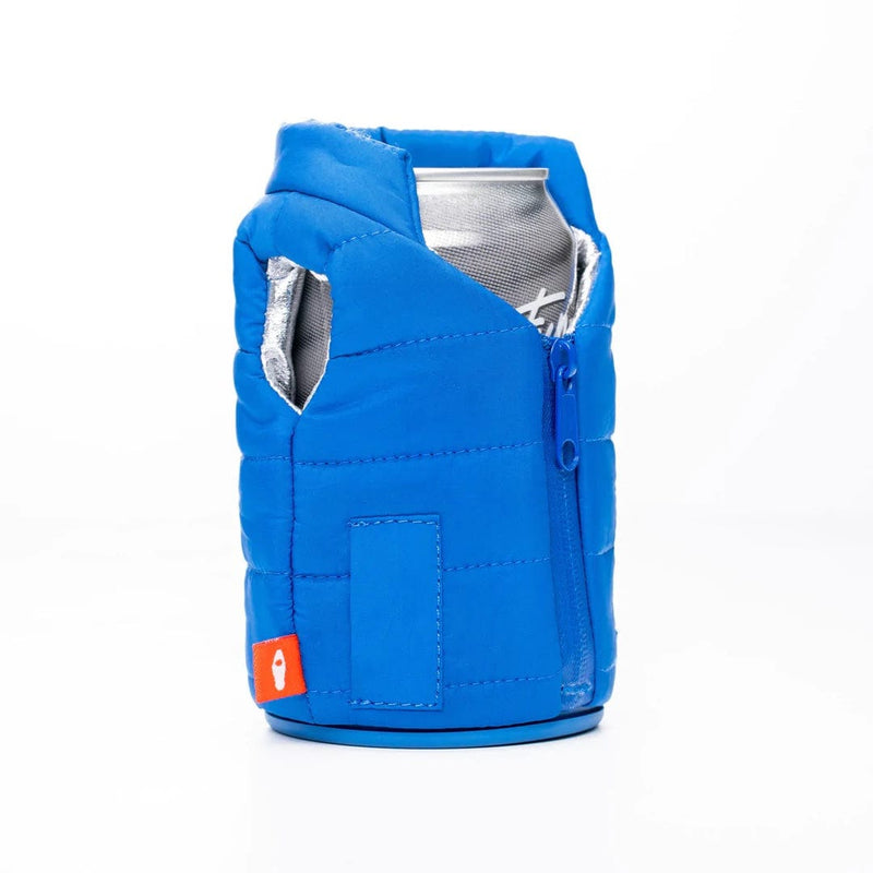 Puffin The Puffy Vest can cooler in bright blue with insulated interior and side zipper, front view.