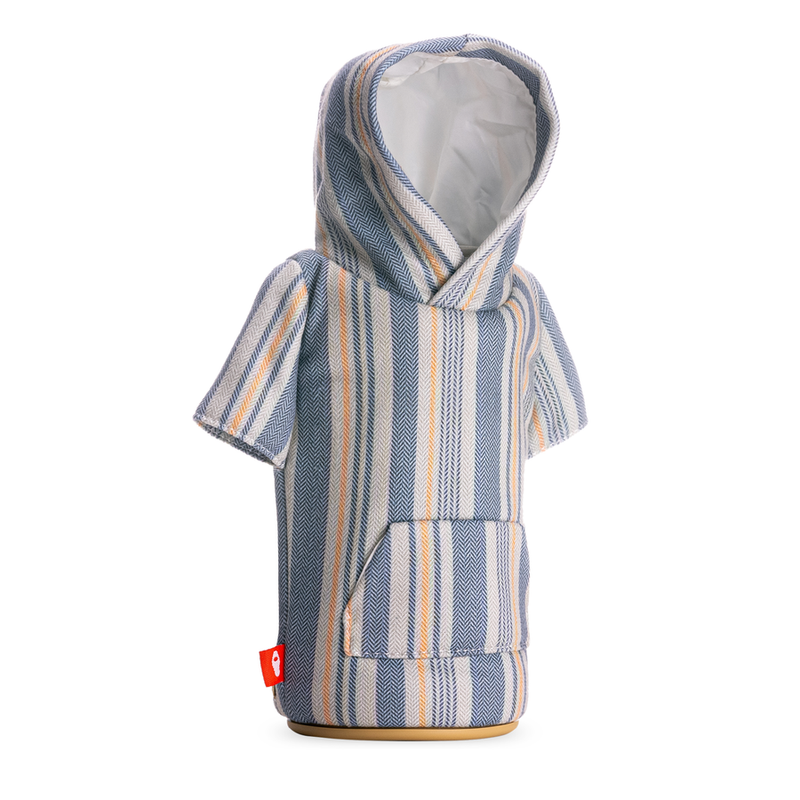 Puffin The Shaka drink cooler in blue, white, and yellow striped fabric with hoodie design and front pocket, front view.