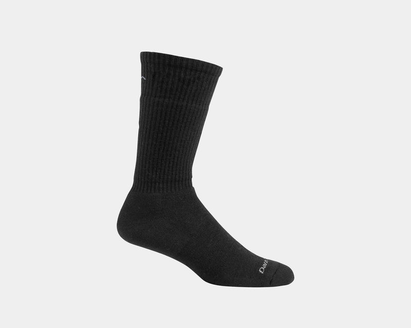 Darn Tough The Standard Mid-Calf Lightweight Lifestyle Socks in black with ribbed cuffs and reinforced toe and heel, side view.