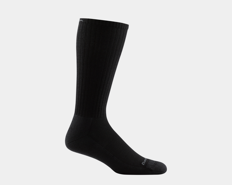 Darn Tough The Standard Mid-Calf Lightweight Lifestyle Socks in black with ribbed design and reinforced toe and heel, side view.