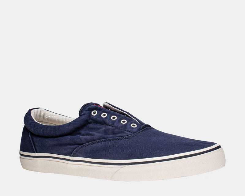 Polo Ralph Lauren Thorton V sneakers in navy blue canvas with white midsole and lace eyelets, side view.