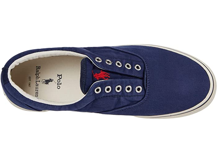 Polo Ralph Lauren Thorton V sneakers in navy blue canvas with embroidered red logo and metal eyelets, top view.