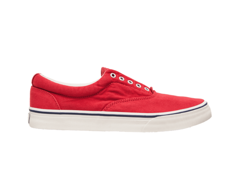 Polo Ralph Lauren Thorton V sneakers in vibrant red canvas with white sole and navy stripe detail, side view.