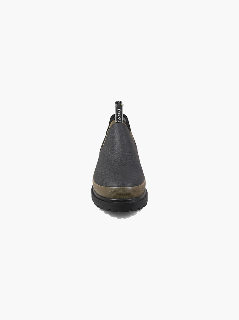 Bogs Tillamook Bay slip-on shoes in black and olive green with durable rubber sole and rear pull tab, front view.