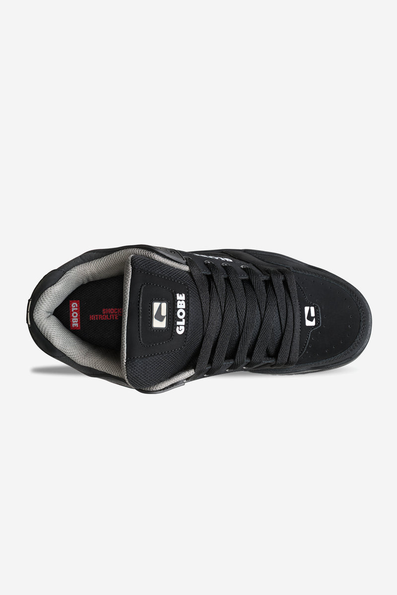 Top view of Globe Tilt Black Black TPR skate shoe with padded grey lining and laces