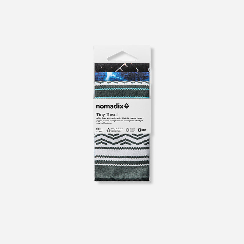 Nomadix Tiny Towel 3-Pack, compact towels with geometric patterns and multicolor design in retail packaging, front view.