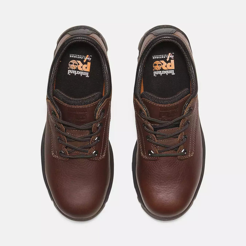 Timberland Pro TiTAN EV Composite Toe Oxford shoes in dark brown full-grain leather with sturdy laces and cushioned collars, top view.