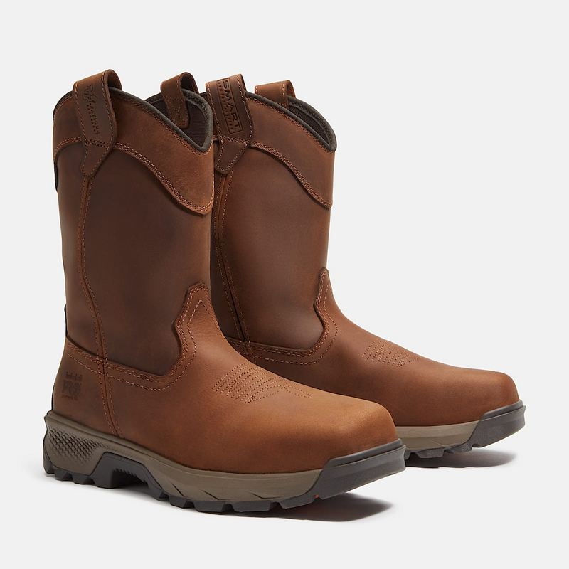 Timberland Pro Titan EV Waterproof Pull On Comp Toe Work Boots in brown leather, side angle showing rugged sole.