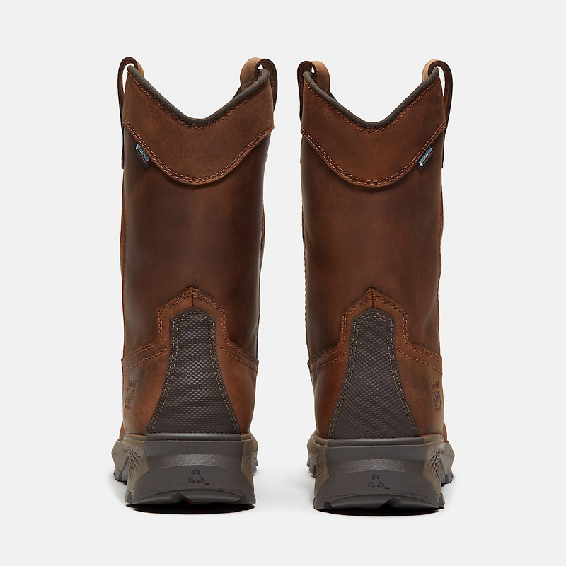 Timberland Pro Titan EV Waterproof Pull On Comp Toe Work Boots in brown leather, back view showing heel and pull tabs.