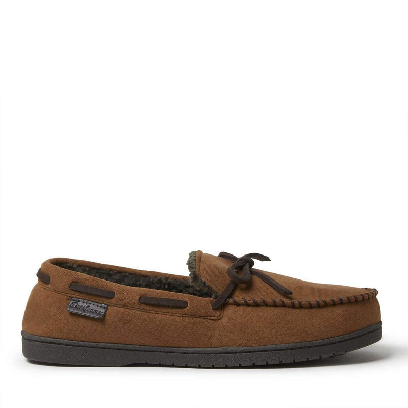 Dearfoams Toby Microsuede Tie Moccasin slippers in brown suede with faux fur lining and black rubber sole, side view.