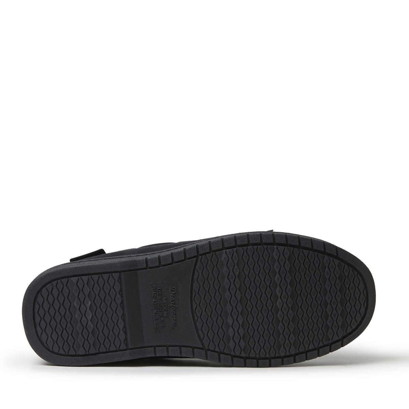 Dearfoams Toby Microsuede Tie Moccasin sole view with textured black rubber outsole for traction and durability.