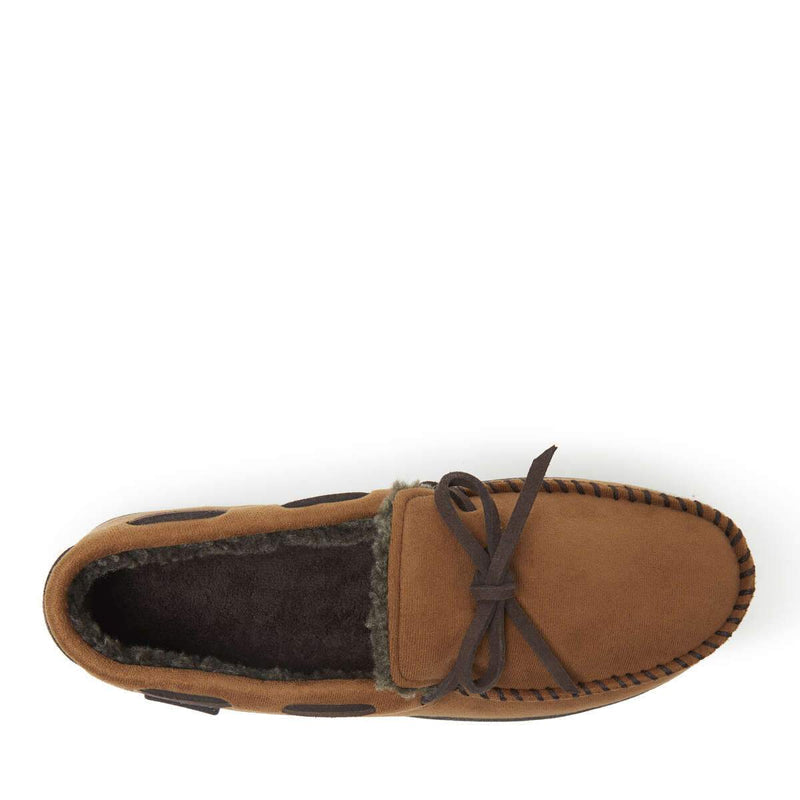 Dearfoams Toby Microsuede Tie Moccasin in tan with a suede finish, dark brown tie detail, and plush interior lining, top view.