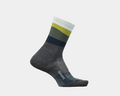 Feetures Trail Max Cushion Mini Crew Sock featuring gray base with white, olive green, and navy blue accents, side view.