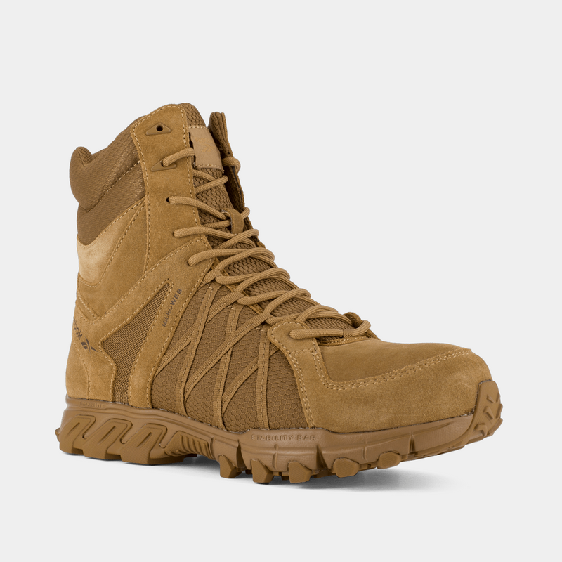 Reebok Work Trailgrip Tactical boots in tan with rugged suede and mesh upper, reinforced toe, and durable outsole, side view.