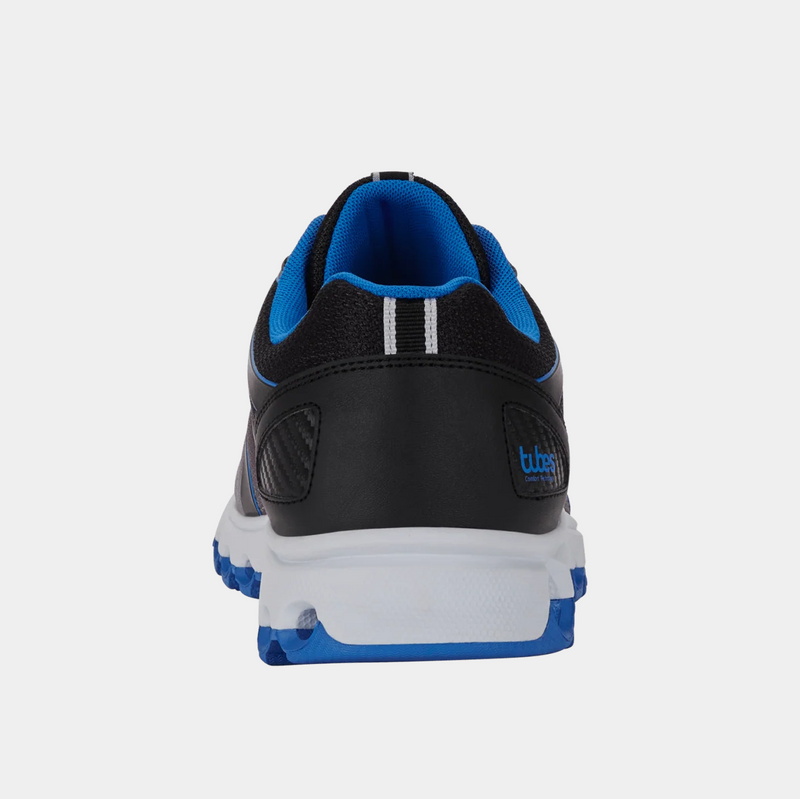 K-Swiss Tubes 200 athletic shoes in black, blue, and white with cushioned Tubes outsole, back view showing heel design.