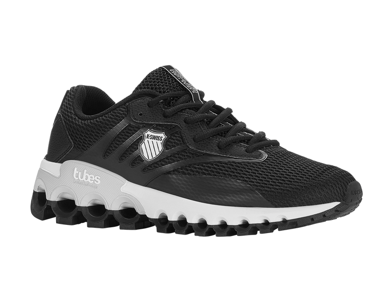 K-Swiss Tubes Sport athletic shoes in black with a breathable mesh upper, white midsole featuring Tubes cushioning technology, and side K-Swiss logo, side view.