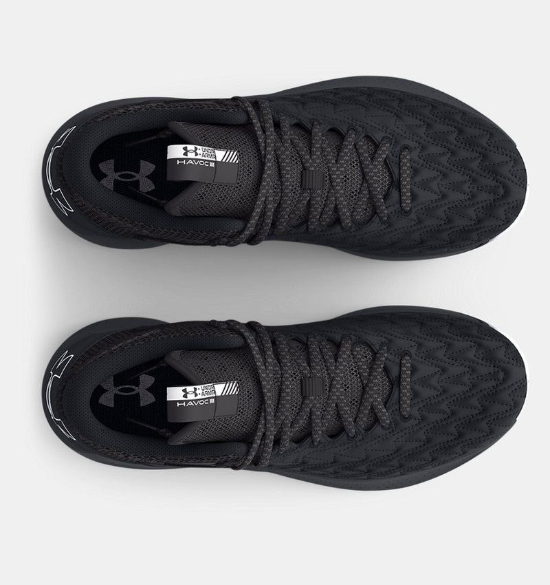 Under Armour UA HOVR™ Havoc 5 Clone Team basketball shoes in black with textured mesh upper and lace system, top view.
