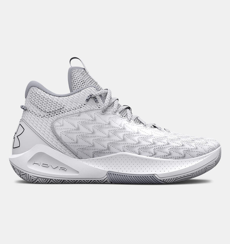 Under Armour UA HOVR™ Havoc 5 Clone Team basketball shoes in white featuring mesh upper, zigzag design, and HOVR cushioning, side view.