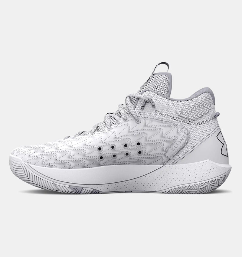 Under Armour UA HOVR™ Havoc 5 Clone Team basketball shoes in white with textured mesh upper, Clone adaptive fit technology, and cushioned midsole, side view.