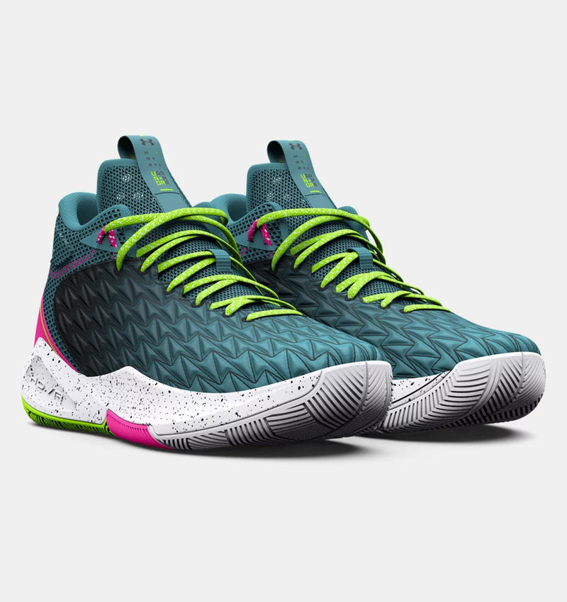 Under Armour UA HOVR™ Havoc 5 Clone basketball shoes in teal with neon green laces, pink accents, and speckled white midsoles, front angled view.