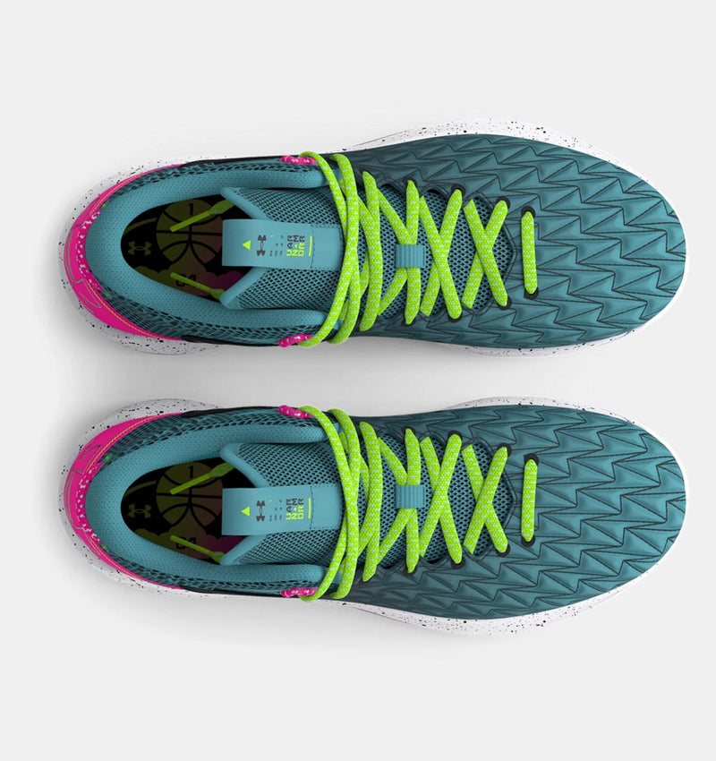 Under Armour UA HOVR™ Havoc 5 Clone basketball shoes in teal with zigzag textured mesh upper, neon green laces, and white speckled sole, top view.