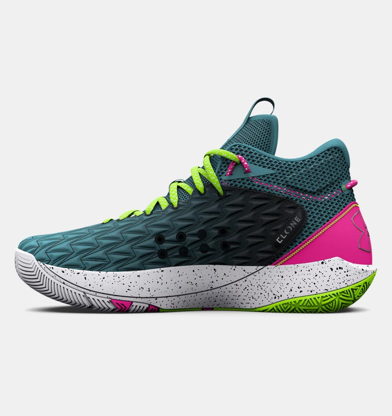Under Armour UA HOVR™ Havoc 5 Clone basketball shoes in teal with neon green laces, pink accents, and speckled midsole, side view.