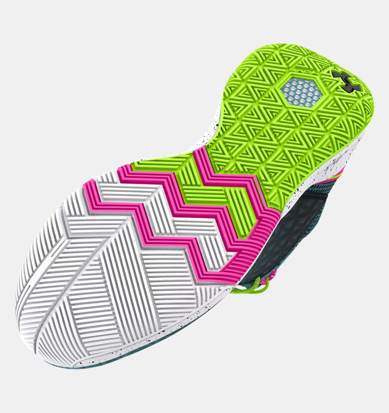 Under Armour UA HOVR™ Havoc 5 Clone basketball shoes outsole with multi-directional traction pattern in white, pink, and green.