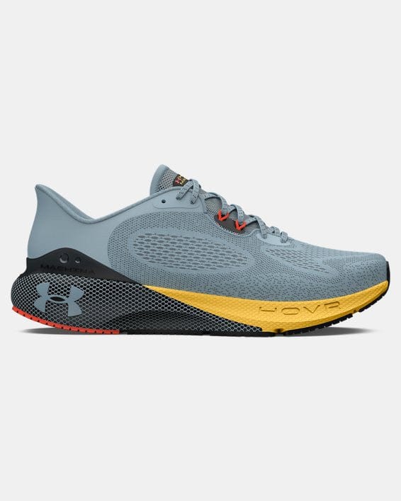 Under Armour UA HOVR™ Machina 3 running shoes in blue with yellow and black midsole, mesh upper, and side view.