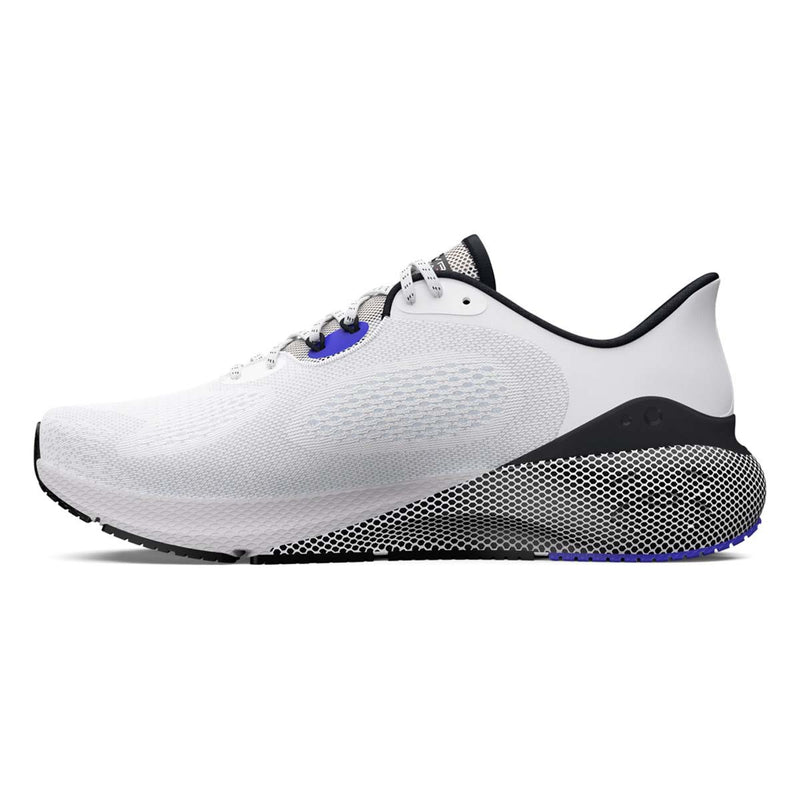 Under Armour UA HOVR™ Machina 3 running shoes in white with a mesh upper, black midsole accents, and blue outsole, side view.