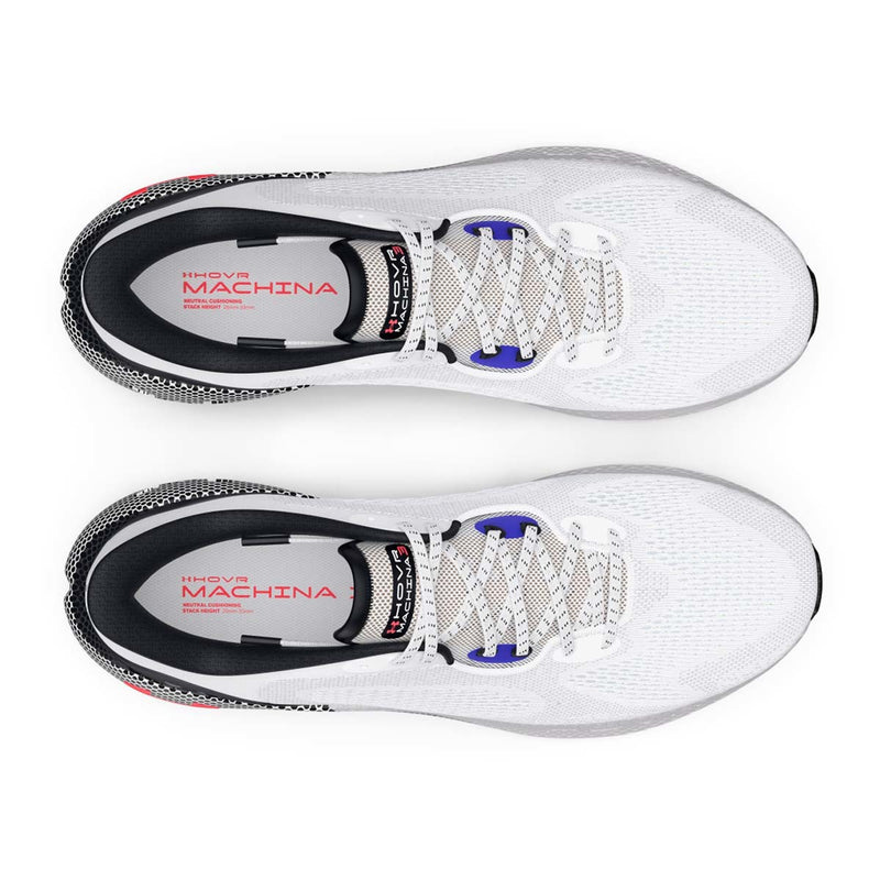 Under Armour UA HOVR™ Machina 3 running shoes in white with breathable mesh upper, blue eyelets, and black interior, top view.