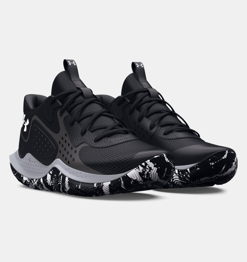 Under Armour UA Jet '23 basketball shoes in black with gray accents, mesh upper, and patterned outsole, front angle view.