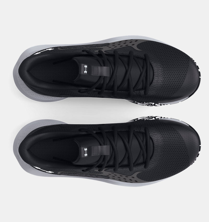 Under Armour UA Jet '23 Basketball Shoes in black with mesh upper and lace system, top view.