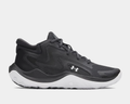 Under Armour UA Jet '25 basketball shoes in black with mesh upper, synthetic overlays, and white outsole, side view.