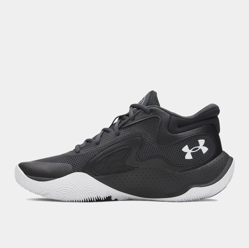 Under Armour UA Jet '25 basketball shoes in black with a white outsole, mesh upper, and bold logo detailing, side view.