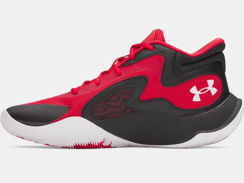 Under Armour UA Jet '25 basketball shoes in red and black with mesh upper, synthetic overlays, and white outsole, side view.