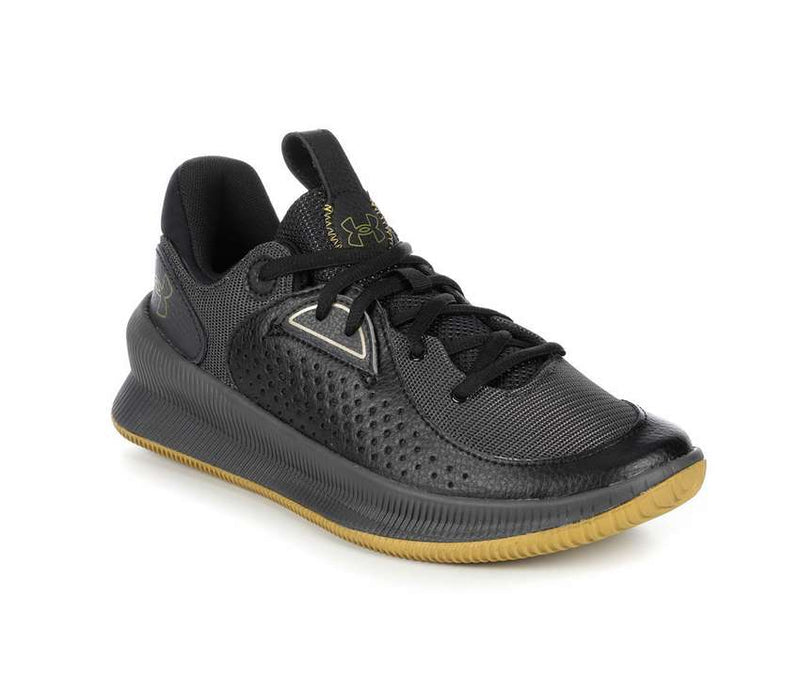Under Armour UA Twenty47 Basketball Shoes in black with perforated midfoot panel, mesh upper, and gum-colored outsole, front side view.