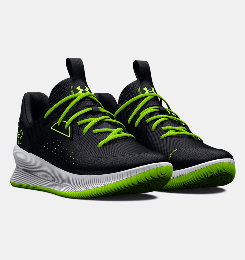 Under Armour UA Twenty47 Basketball Shoes in black with neon green laces and outsole, textured midsole, front angle view.