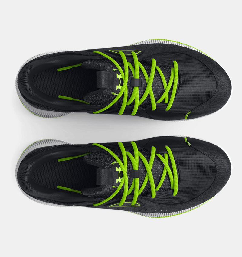 Under Armour UA Twenty47 Basketball Shoes top view in black with vibrant green laces and textured mesh upper for durability.