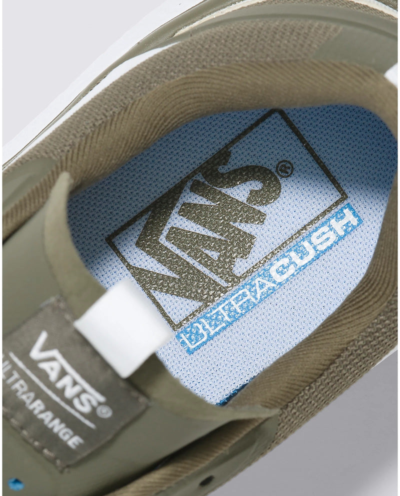 Vans Ultrarange Exo shoes close-up showing UltraCush insole branding and olive green textile details