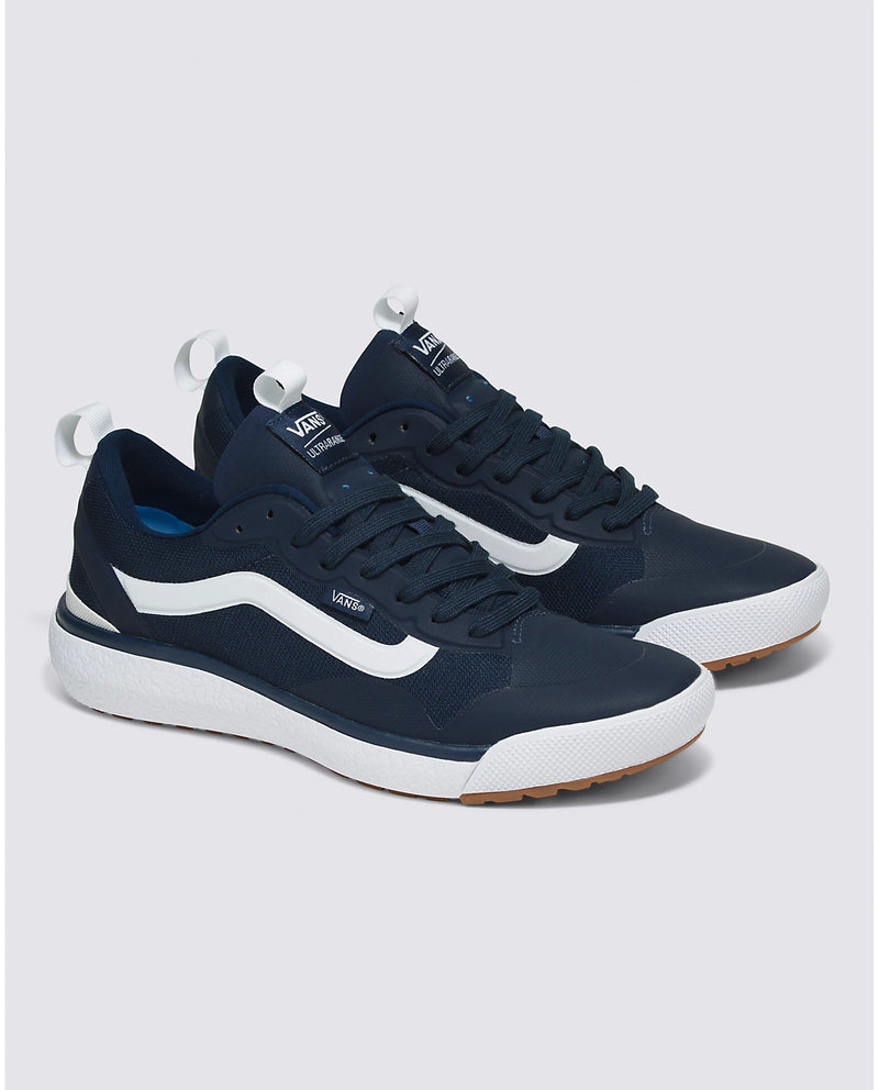 Vans Ultrarange Exo sneakers in navy blue with white side stripe, mesh upper, and rubber outsole, front angled view.