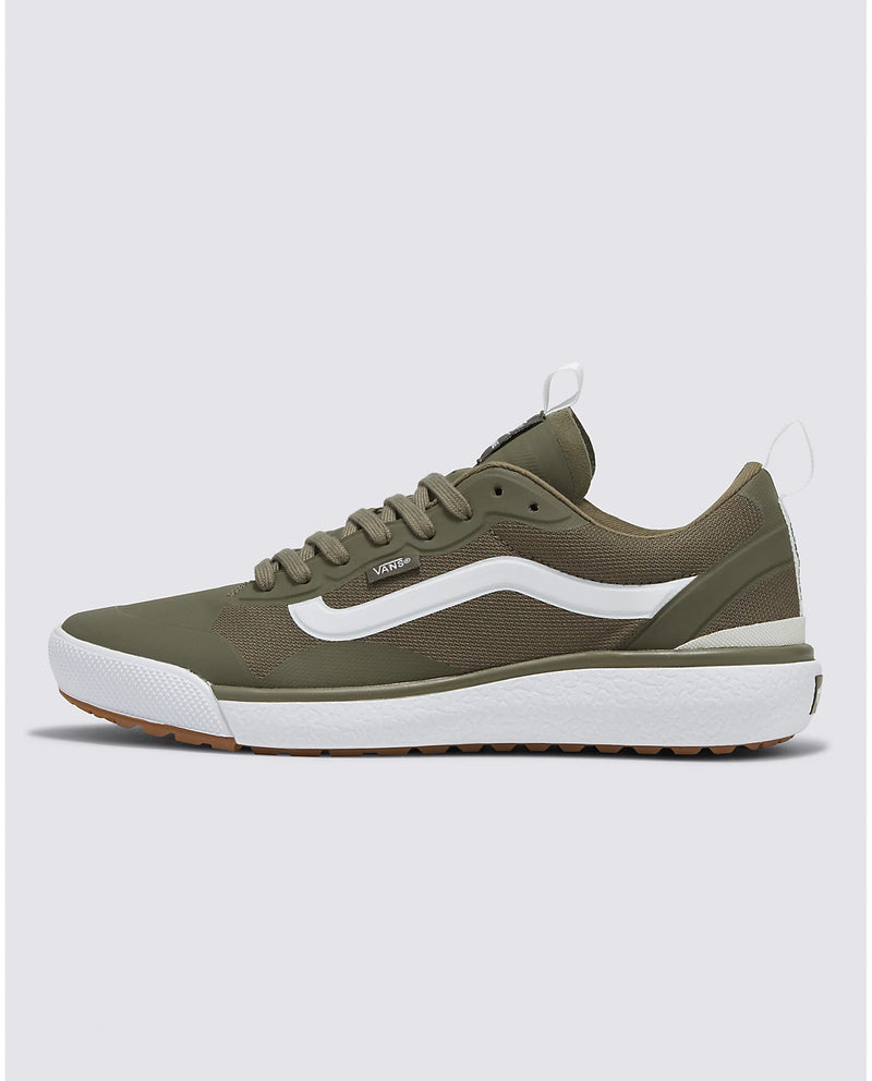 Vans Ultrarange Exo shoes in olive green with a white sideline stripe, mesh upper, and textured white midsole, side view.