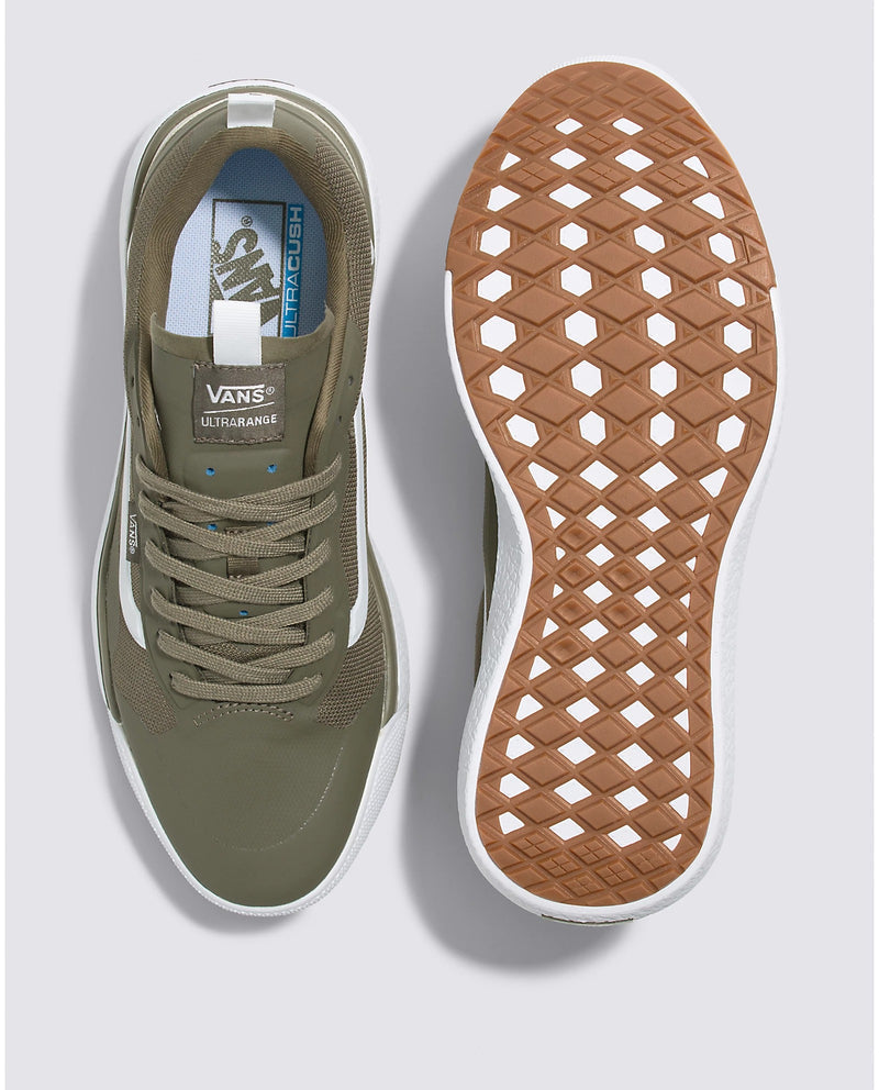 Vans Ultrarange Exo sneakers top and sole view, featuring olive green mesh upper, white accents, and gum waffle-pattern outsole.