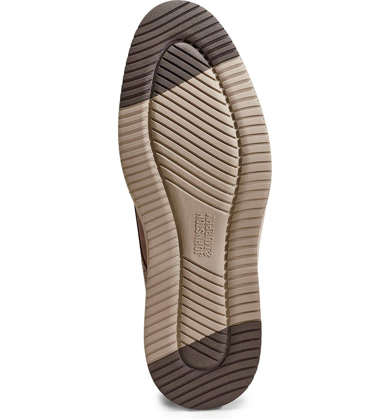 Johnston & Murphy Upton Wingtip outsole with textured rubber tread in tan and dark brown, bottom view.