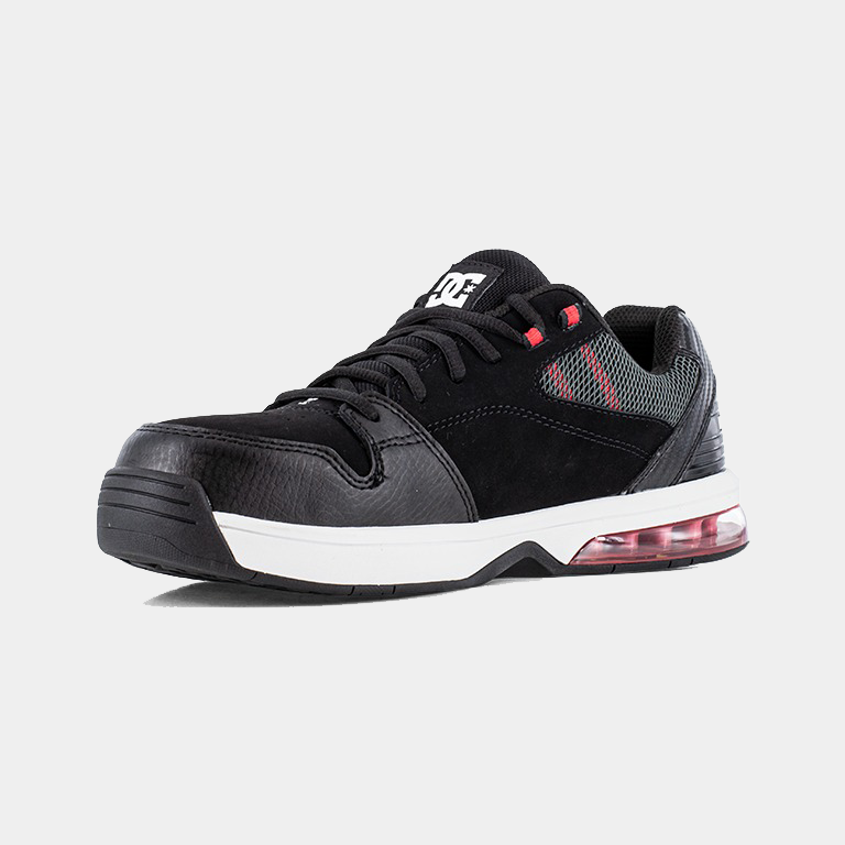 DC WorkCrew Versatile Work Comp Toe work shoes in black with composite toe, mesh accents, and cushioned white midsole, angled front view.