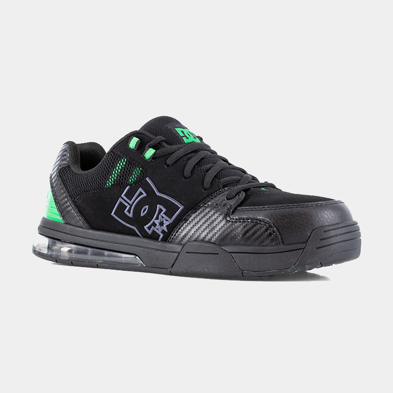 DC WorkCrew Versatile Work Comp Toe work shoes in black with green accents, composite toe, mesh panels, carbon fiber overlays, and padded collar, side view.
