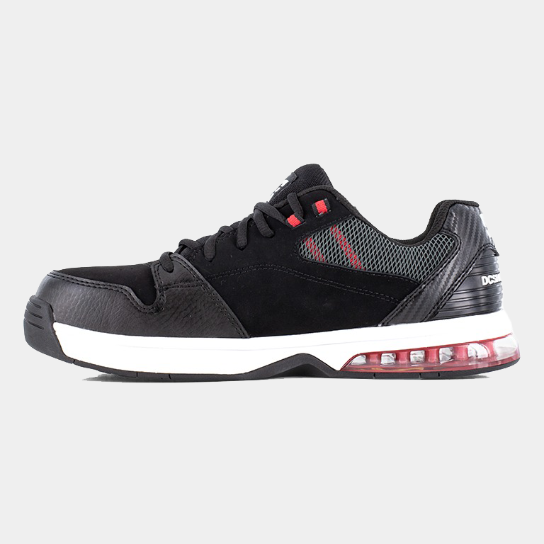 DC WorkCrew Versatile Work Comp Toe shoes in black with a composite toe, mesh side panels, red accents, and cushioned midsole, side view.