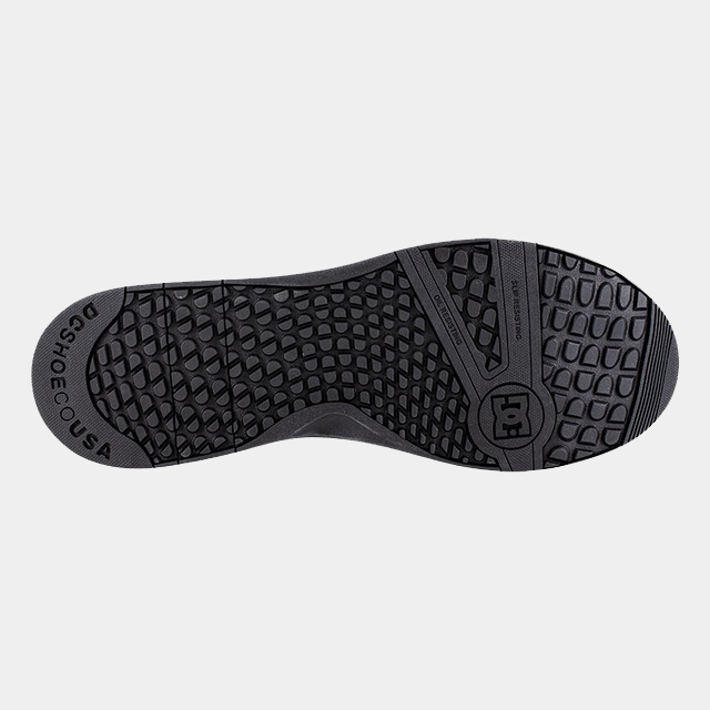 DC WorkCrew Versatile Work Comp Toe outsole in black showing textured tread and branding details, sole/bottom view