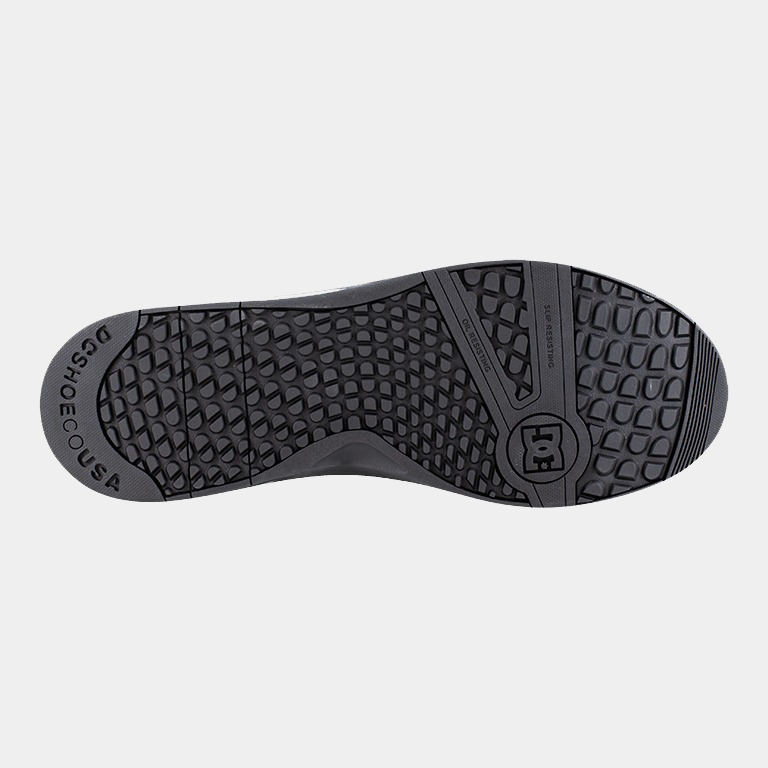 DC WorkCrew Versatile Work Comp Toe outsole in black showing slip-resistant tread pattern and logo detailing.