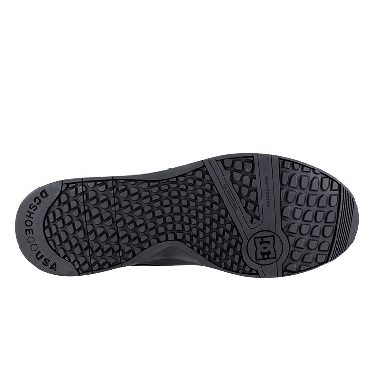 DC WorkCrew Versatile Work Hi Top Comp Toe work boots outsole in black with slip-resistant tread pattern, bottom view.
