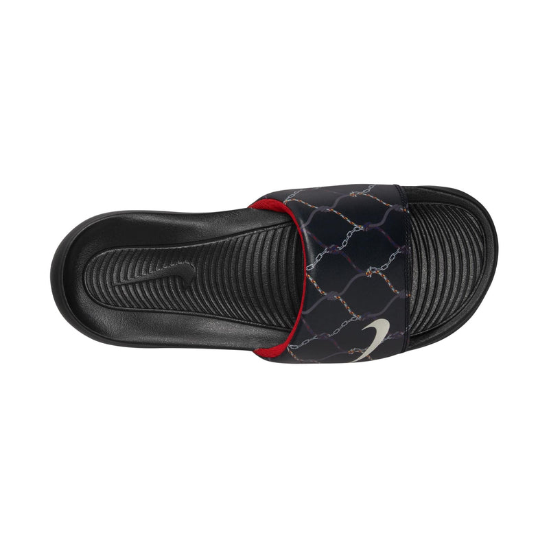 Nike Victori One Printed sandals in black with chain print design and red accents, top view showing textured footbed and logo strap.